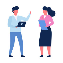 Two person talking on the office. Man with laptop