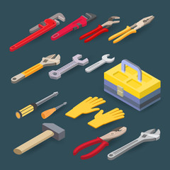 Isometric construction tools. Plumber wrench, spanner, screwdriver, hammer. Vector set.