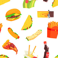 Fast Food Seamless Pattern, Design Element Can Be Used for Fabric, Wallpaper, Packaging Vector Illustration