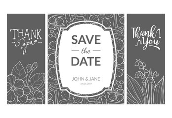 Save the Date Wedding Invitation Templates Set, Thank You, Rsvp Card with Hand Drawn Flowers and Space for Text Monochrome Vector Illustration