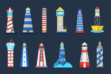 Obraz na płótnie Canvas Lighthouse set. Collection of beacon for ship navigation