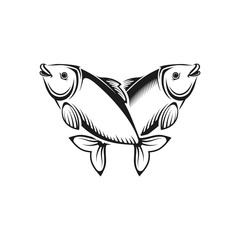 Vector graphic illustration. Two crossed black fishes. Concept for fish store, restaurant menu. Symbol, sign, emblem, logo, label. Isolated elements on a white background.