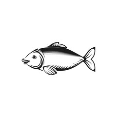Vector graphic illustration. Black white fish. Concept for fish store, restaurant menu. Symbol, sign, emblem, logo, label. Isolated elements on white background.
