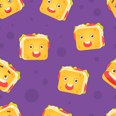 Funny Smiling Sandwich Character Seamless Pattern, Childish Design Element Can Be Used for Wallpaper, Packaging, Background Vector Illustration