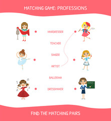 Educational Matching Game for Children, Professions, Find The Hatching Pairs Vector Illustration