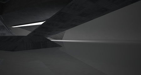 Abstract architectural concrete interior of a minimalist house with neon lighting. 3D illustration and rendering.