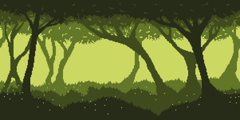 Spring or summer night forest - horizontal seamless pixelated backdrop for 8-bit games. Can be used as pixel background for creating levels, wallpapers etc.