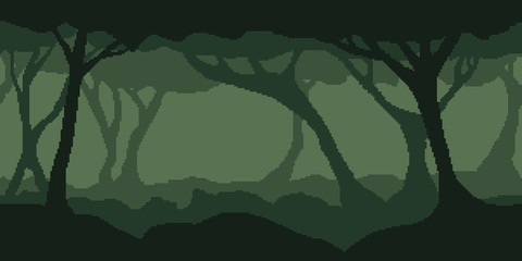 Summer or autumn night forest - horizontal seamless pixelated backdrop for 8-bit games. Can be used as pixel background for creating levels, Halloween wallpapers etc.