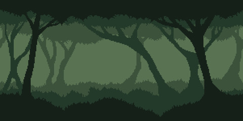 Summer or autumn night forest - horizontal seamless pixelated backdrop for 8-bit games. Can be used as pixel background for creating levels, Halloween wallpapers etc.