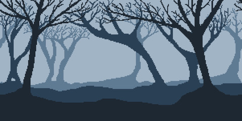 Winter night forest - horizontal seamless pixelated backdrop for 8-bit games. Can be used as pixel background for creating levels, wallpapers etc.