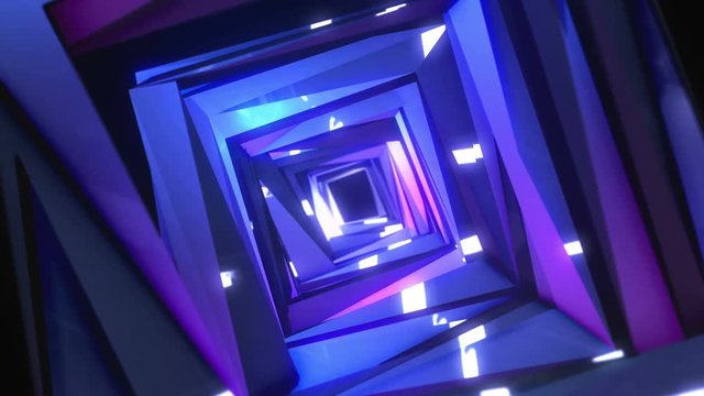 Animation of proton purple color technology tunnel. Futuristic metal corridor with reflection. Neon light.