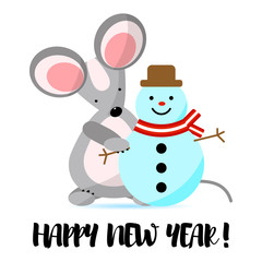 Cute mice with snowman isolated on white background. Creative character  for 2020 New Year. Rat symbol of the year in the Chinese calendar. Vector illustration. Funny design for greetings card