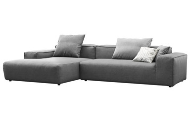 Modern gray fabric sofa with pillows. 3d render