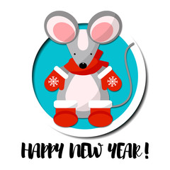 Cute mouse dressed in mittens and socks isolated on white background. Creative character  for 2020 New Year. Rat symbol of the year in the Chinese calendar. Vector illustration. Funny design