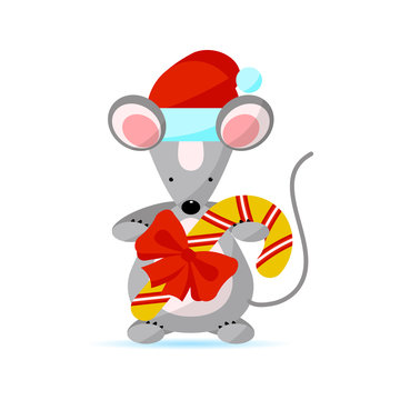 Cute mouse wearing a Santa hat holds Christmas candy. Creative character  for 2020 New Year on white background. Rat symbol of the year in the Chinese calendar. Vector illustration. Funny design.