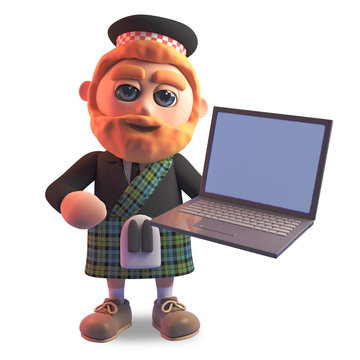 Cool 3d Scottish man with red beard and tartan kilt holding a laptop computer device, 3d illustration