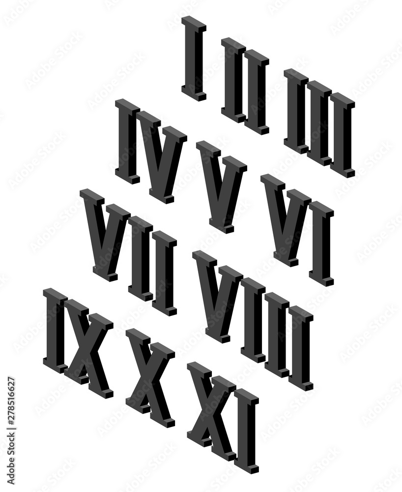 Poster roman numerals isometric icon set. numeric system originated from ancient rome, chart from 1 to 12. 