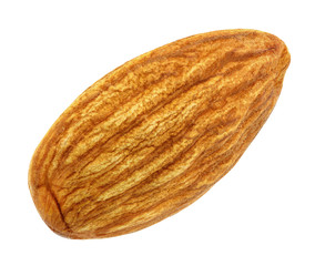 Almond nut core whole single isolated on white background with clipping path. Full depth of field.
