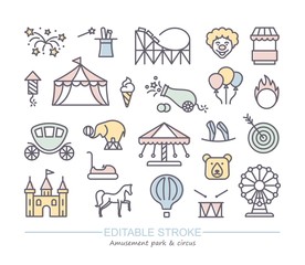 Linear icons with editable stroke on the theme of circus and amusement Park