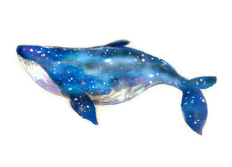 Watercolor sketch blue whale. Illustration isolated on white background for design,print or background. cosmic texture with glowing stars. Night starry sky with paint strokes and swashes