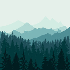 Pine forest and mountains backgrounds. Panorama taiga silhouette illustration vector EPS