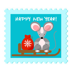 Cute mice and bag with gift on the sledge isolated on white background.Creative character  for 2020 New Year. Rat symbol of the year in the Chinese calendar. Vector illustration. Funny design 