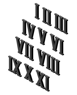 Roman numerals isometric icon set. Numeric system originated from ancient Rome, chart from 1 to 12. Vecto rstyle illustration isolated on background EPS