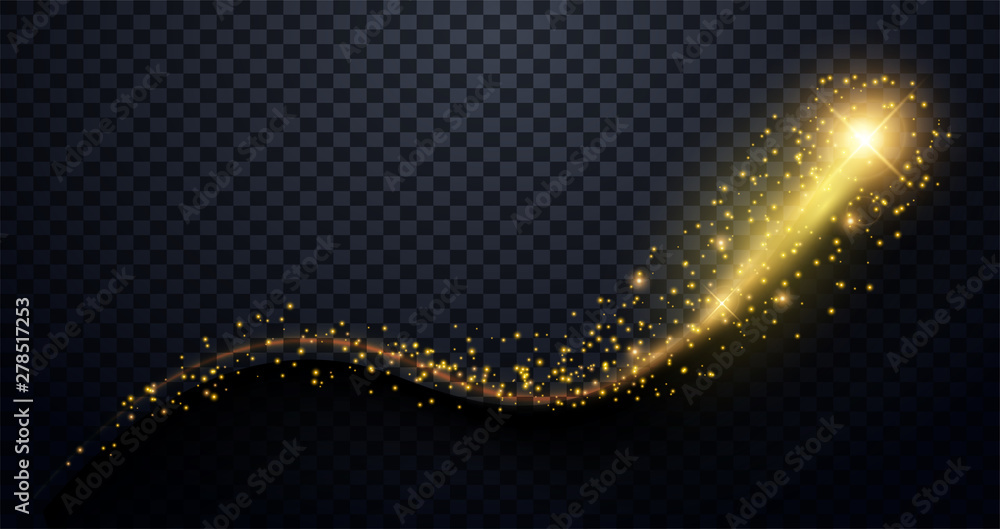 Poster golden particles wave. sparkle stardust. golden glittering magic vector waves with gold particles is