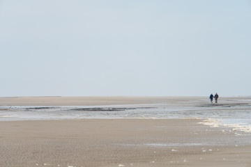 Fototapeta na wymiar Meer mit Sandstrand und Spaziergänger am Horizont