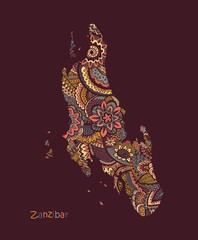 Textured vector Map Of Zanzibar. Illustration in hand drawing doodle style - obrazy, fototapety, plakaty