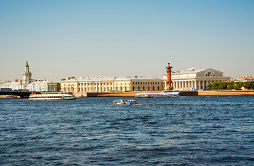 St. Petersburg, Russia, Vasilievsky island. Rostral column. exchange building. Kunstkammer.  The exchange building on Vasilievsky island is one of the business cards of St. Petersburg.The building loo