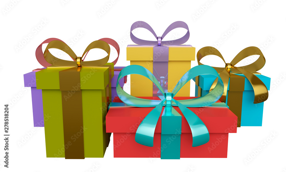Poster group of colored gift boxes with ribbon and bow. 3d rendering