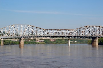 The bridges in the town over the flowing river.