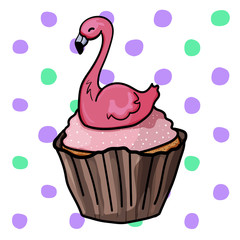 Easter cupcake with flamingo. Bright print. Design for any purpose. - Vector. Vector illustration.