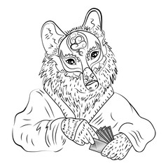 Wolf with playing cards. Coloring for adults. - Vector