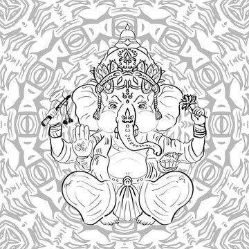 Hindu God Ganesha for coloring book or page - Vector.