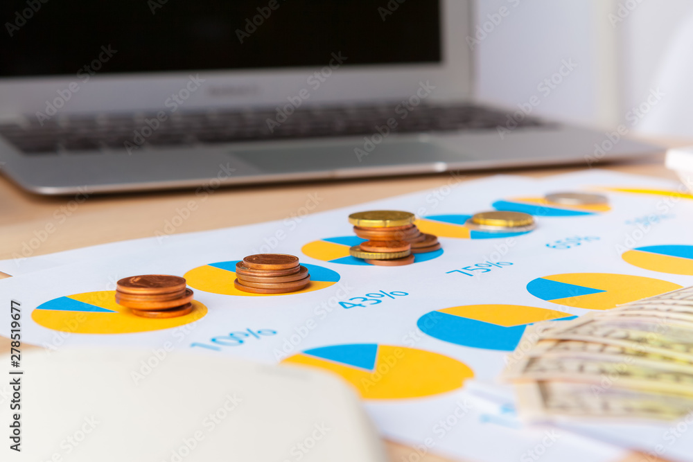 Poster saving stack coins money concept. graph, chart document close up