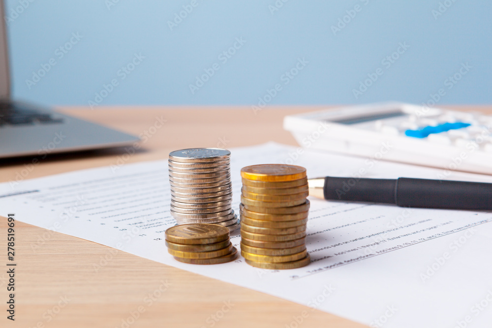 Poster saving stack coins money concept. graph, chart document close up