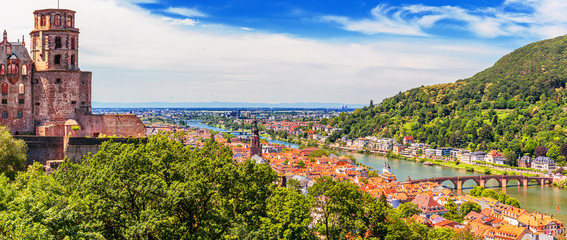 Heidelberg, Germany, aerial panoramic view with the castle, Neckar river and the Old Bridge