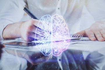 Man with multi exposure atificial intelligence brain icons.