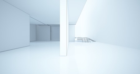 Abstract architectural white interior of a minimalist house with large windows. Drawing. 3D illustration and rendering.