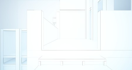 Abstract architectural white interior of a minimalist house with large windows. Drawing. 3D illustration and rendering.