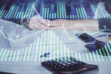 Writing Man hands with data theme multi exposure icons.
