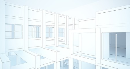 Abstract architectural white interior of a minimalist house with large windows. Drawing. 3D illustration and rendering.