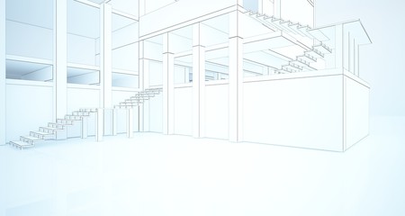 Abstract architectural white interior of a minimalist house with large windows. Drawing. 3D illustration and rendering.