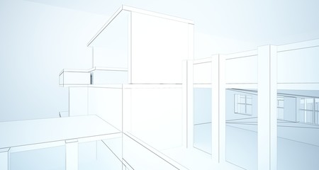 Abstract architectural white interior of a minimalist house with large windows. Drawing. 3D illustration and rendering.