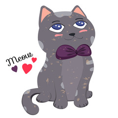 Cute cat Meow lettering text and red heart. Vector print design.