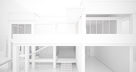 Abstract architectural white interior of a minimalist house with large windows. Drawing. 3D illustration and rendering.