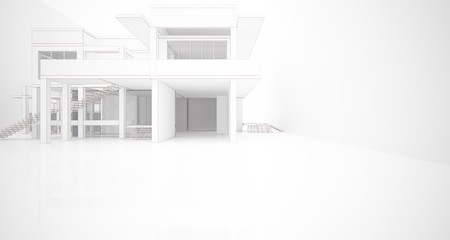 Abstract architectural white interior of a minimalist house with large windows. Drawing. 3D illustration and rendering.