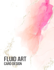 Watercolor alcohol ink card. Liquid pink flow marble art. Trendy gold glitter foil pastel texture. Grunge luxury decoration